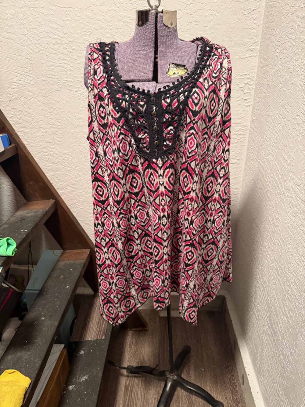 French Laundry Pink and Black Geometric Crochet-Trim Tunic